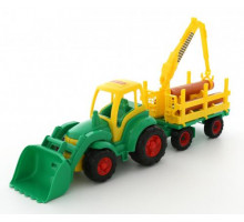 Детская игрушка Полесье трактор с ковшом + прицеп-лесовоз Чемпион (в сеточке) арт. 0483