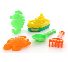 Детская игрушка кораблик "буксир", совок №7, грабельки №7, формочки (черепаха + м370орской конёк) арт. 35677. Полесье
