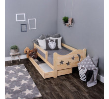 Детская кровать из массива, деревянная кровать с ящиком для вещей и бортиком . Размер 200х90, 190х80, 180х70 см. Естественный цвет. Арт. Звездочет 2