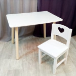 Комплект детский столик и стульчик деревянный. Столик круглые ножки и стульчиком сердечко. (Столешница 70*50 см). Цвет белый. Арт. KN7050W+SO-27-S