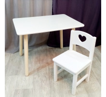 Комплект детский столик и стульчик деревянный. Столик круглые ножки и стульчиком сердечко. (Столешница 70*50 см). Цвет белый. Арт. KN7050W+SO-27-S
