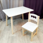 Комплект мебели столик и стульчик деревянный. Столик круглые ножки и стульчиком бетмен. (Столешница 70*50 см). Цвет белый с натуральным. Арт. KN7050W+SN-27-B