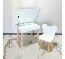 Детский стол с местом для хранения и стул Мишка. (Столешница 70*50 см). Цвет белый с натуральными ножками. Арт. KSJN7050-W+MD-27-MN