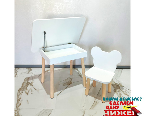 Детский стол с местом для хранения и стул Мишка. (Столешница 70*50 см). Цвет белый с натуральными ножками. Арт. KSJN7050-W+MD-27-MN в Минске